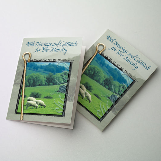 <p>Photo of sheep in a green field with a shepherd's staff in front of the image. Ghosted treatment of the word "shepherd" at the right edge of the image with a screened version of the photo in as the background.</p>