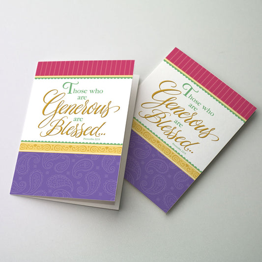 <span new="" roman="" style="font-size: 10pt;" times="">&ldquo;Those who are Generous are Blessed&rdquo; in green and gold lettering on a white ground with a stripped cranberry colored panel at the top; a narrow patterned gold border is beneath the lettering with a purple paisley panel at the bottom.</span>