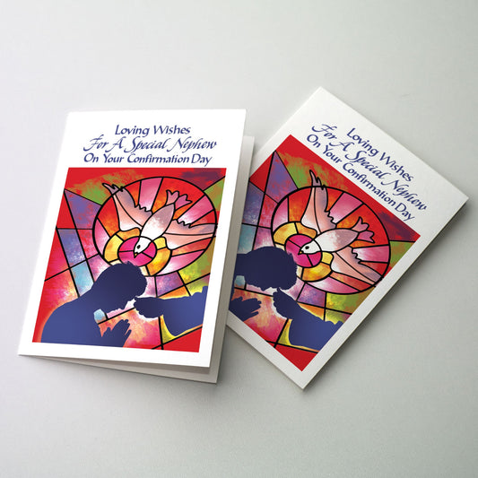 <p>A silhouette of the hand of the bishop anointing the forehead of a young man. A colorful stained glass window of the Holy Spirit is in the background.</p>