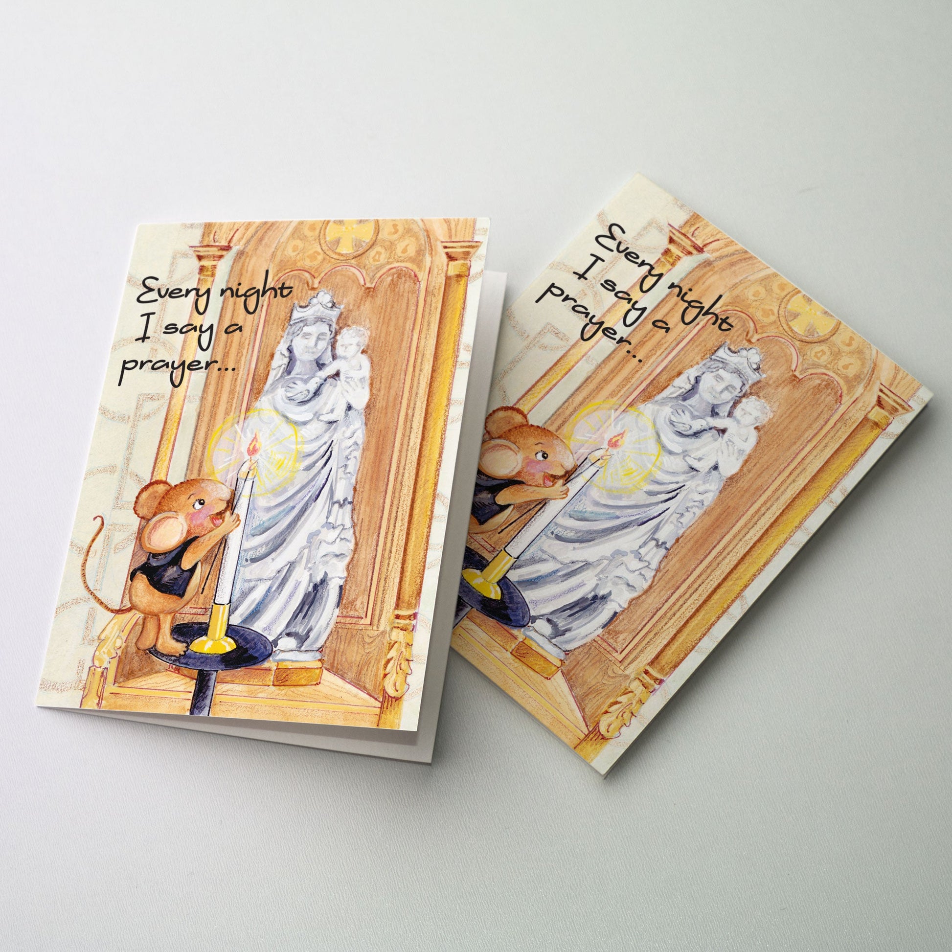 A &quot;Praying for You&quot; Card, appropriate for general use or for those difficult sending situations relating to health or personal difficulties when one just doesn&#39;t know exactly what to say. Benny the Church Mouse holds a taper and lights a candle before the ancient statue of the Blessed Virgin Mary in the Basilica Church.