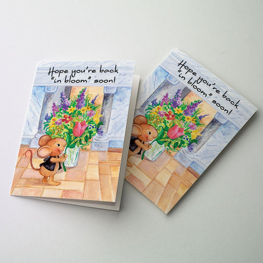 A lighthearted &quot;Get Well Card&quot; useful for many different kinds of health situations. Benny the Church Mouse holds the stem of a bright red tulip which he is preparing to add to a vase of flowers before the altar in the Basilica Church.