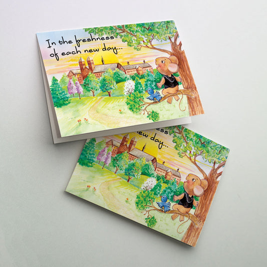 A &quot;Cope/Encouragement&quot; card intended for friends with terminal illness or just going through difficult times. Benny the Church Mouse is perched on a tree branch with his bluebird friend watching the sun rise over the Basilica Church and monastery.