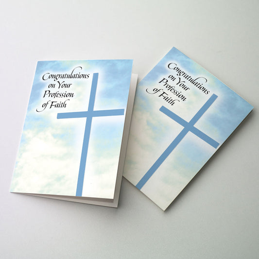 Manipulated photo of a blue cross against a sky of puffy white clouds.