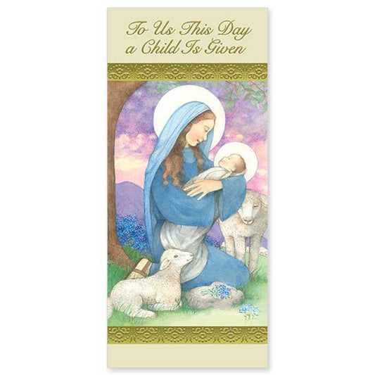 Sweet image of Mary holding Baby Jesus with a foil border on top and bottom