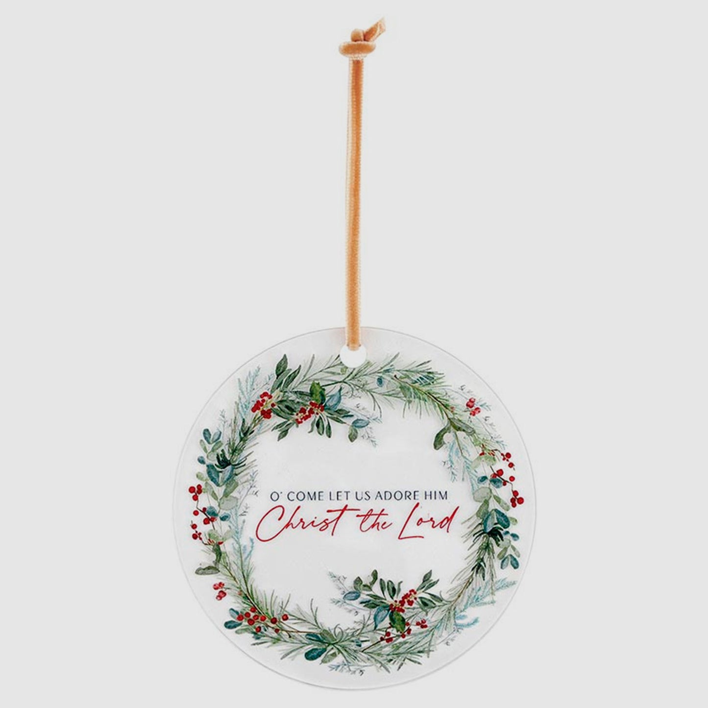 Decorative Christmas ornament with wreath design and text on a white background