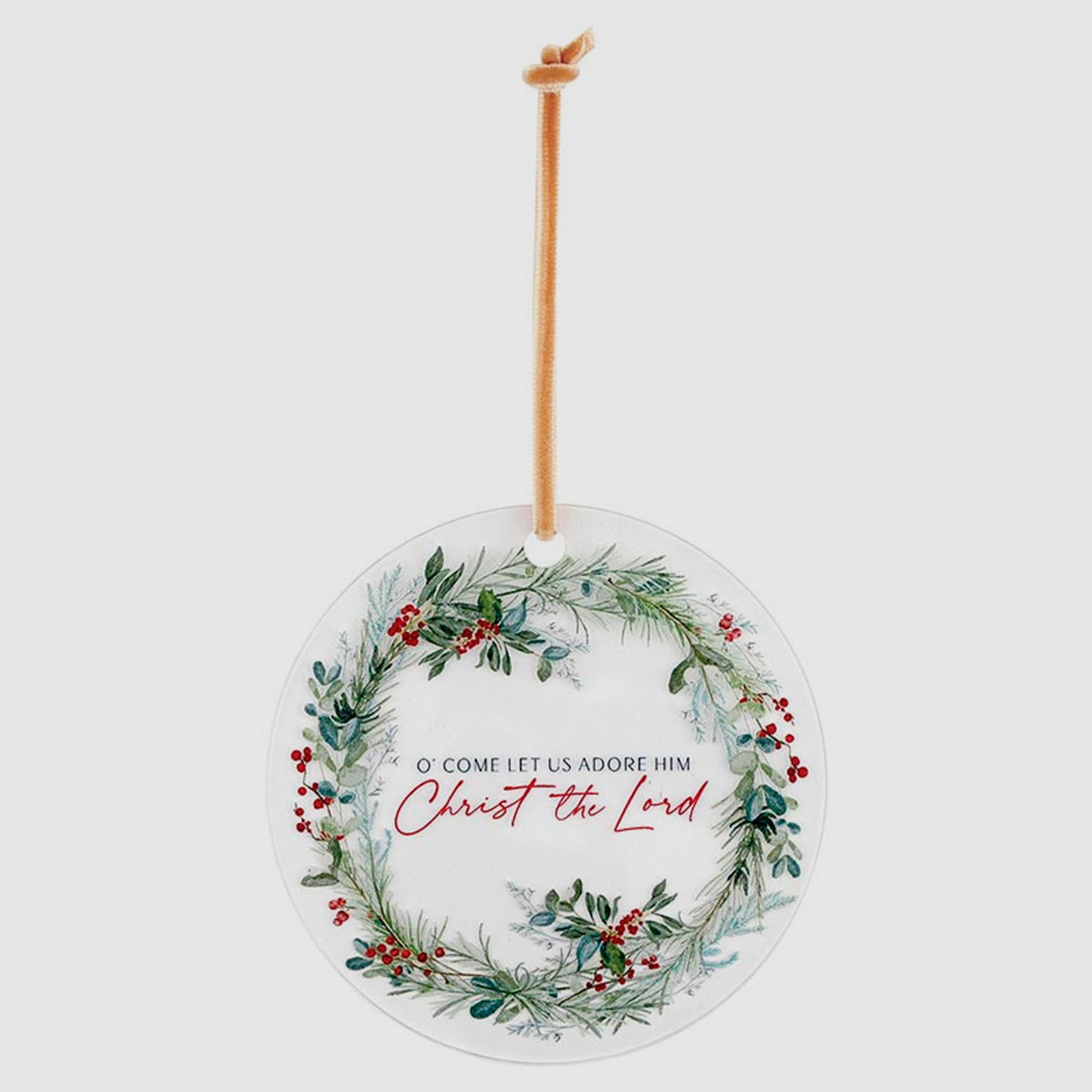 Decorative Christmas ornament with wreath design and text on a white background