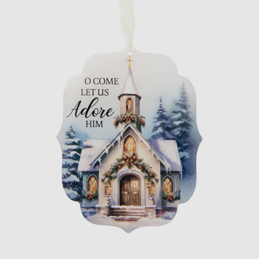Decorative Christmas ornament with a church design and text 'O Come Let Us Adore Him' on a white background.